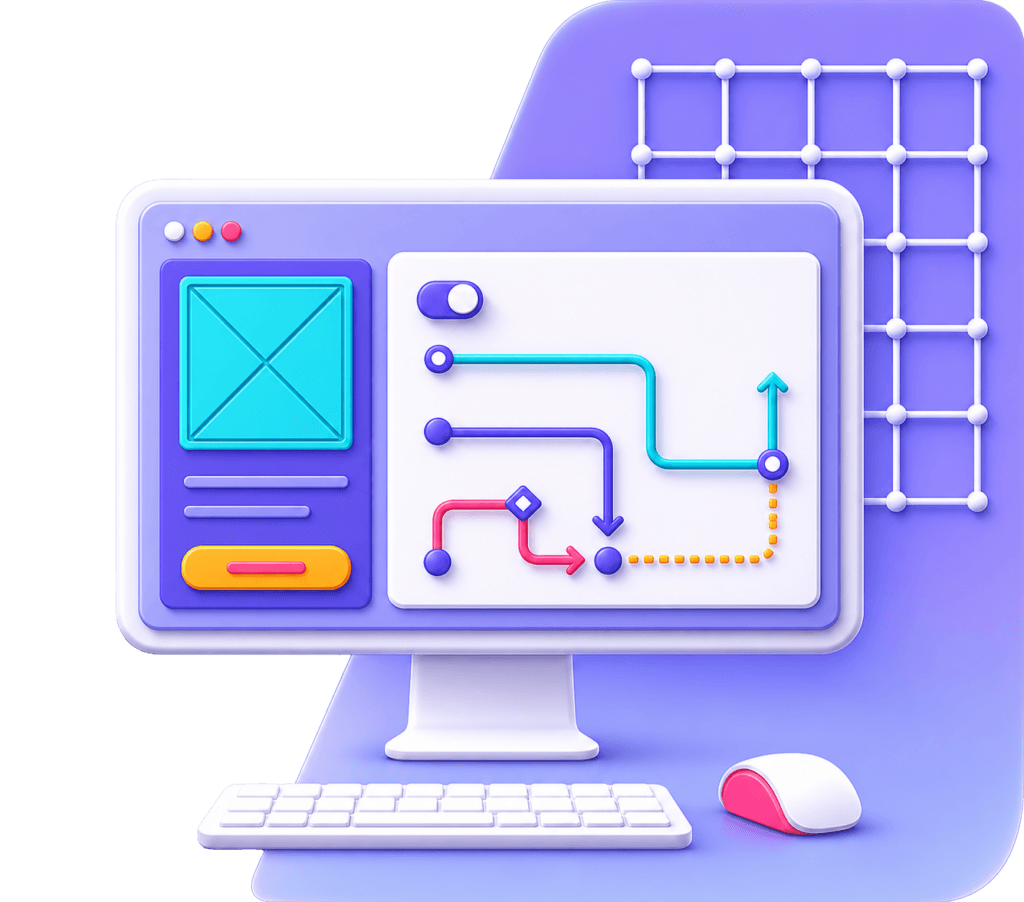 Op een gestileerde computermonitor is een kleurrijk stroomschema te zien met pijlen en knooppunten, dat het proces van het laten maken van een website illustreert. Er ligt een muis naast en de paarse achtergrond is versierd met een geometrisch rasterpatroon.