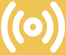 Een geel vierkant met een witte cirkel in het midden, aan elke kant omgeven door drie gebogen witte lijnen, dat het pictogram voor een draadloos of radiosignaal voorstelt.